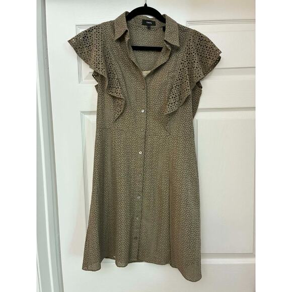 Theory Dresses & Skirts - Theory Nova Eyelet Ruffle Dress 6 Taupe Button Front Cotton‎